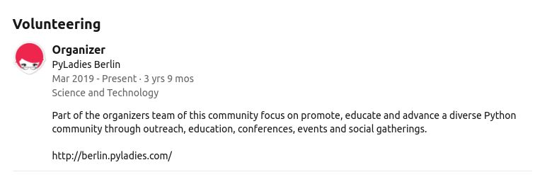 screen shot of linkedin profile with volunteering at PyLadies Berlin